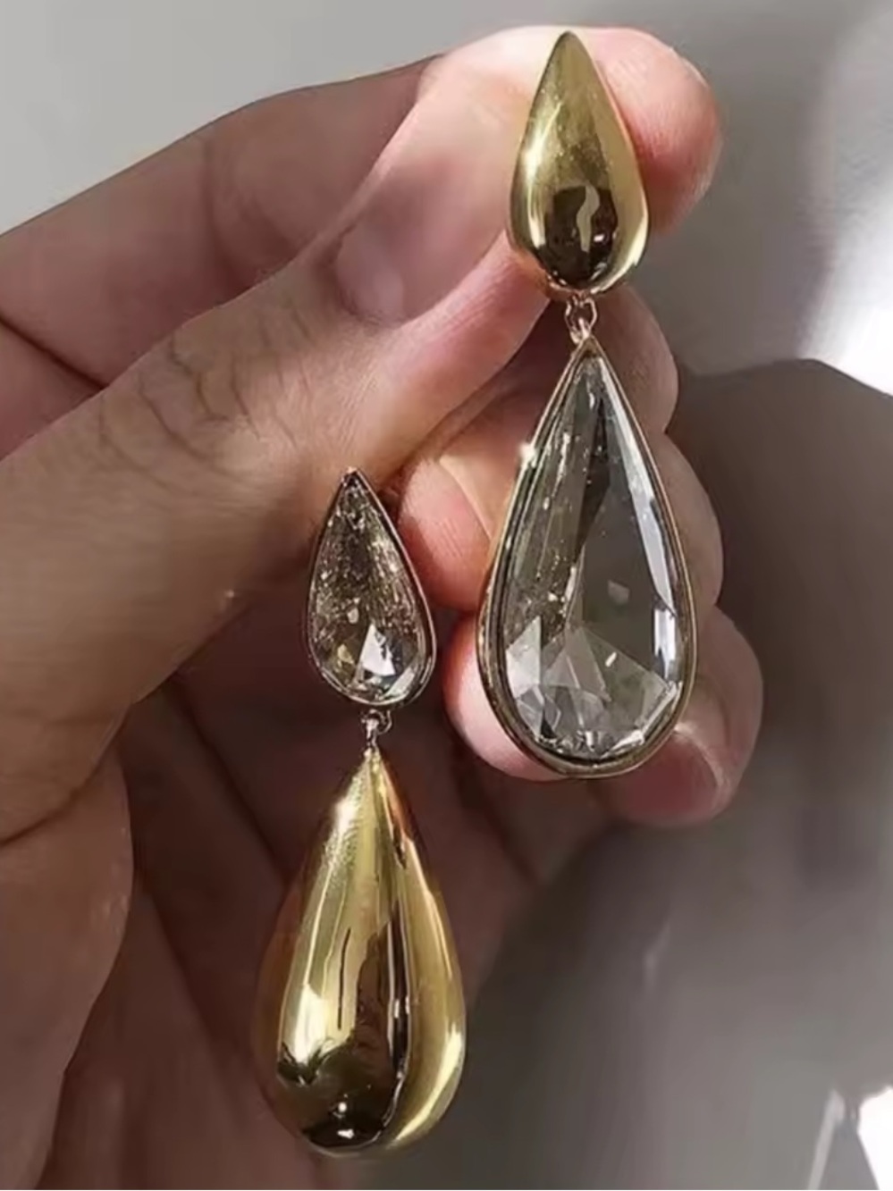Gold & Crystal Teardrop Statement Earrings – Asymmetrical Drop Earrings - Picture 4 of 11
